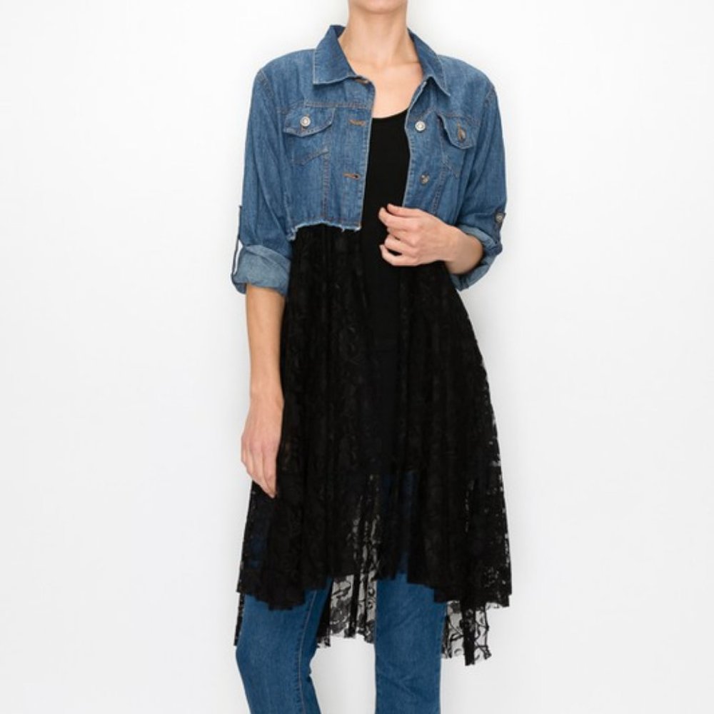 NEW ORIGAMI DENIM shirt & LACE reg & plus SM-3X sext bohemian western cardigan